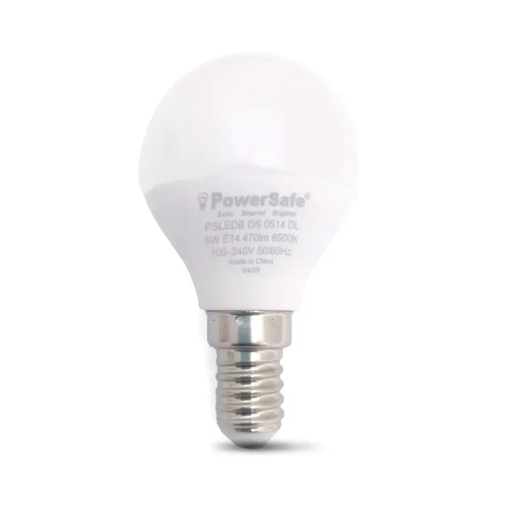 [PSLEDB DS 0514 DL] PSLEDB DS 0514 DL is a PowerSafe LED candle bulb, 5 watts, Daylight (6500K), E14 base, 450 lumens, surge protected, 15,000-hour lifespan, and ESMA approved.