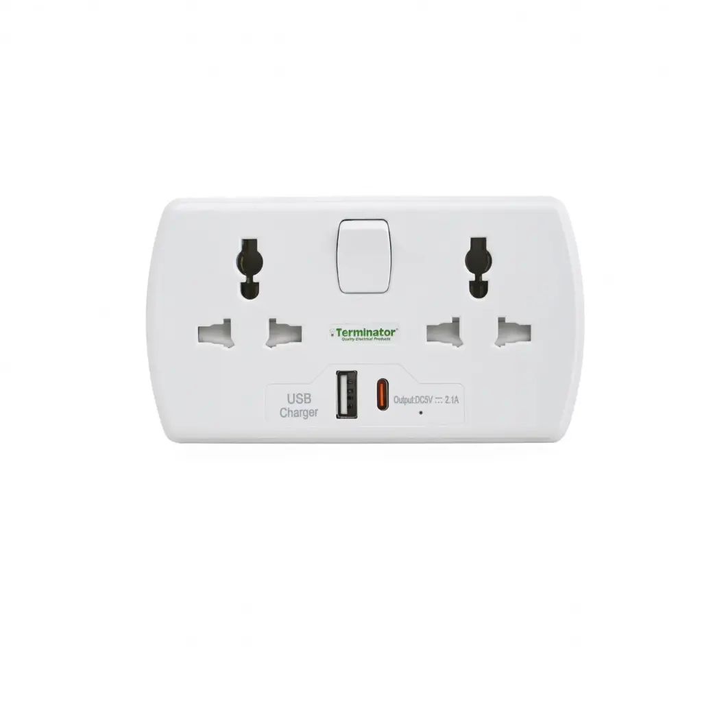 [TMA 164AS-2UAC] 4 Way Universal T Socket With 2 USB (A & C) One Switch And Indicator