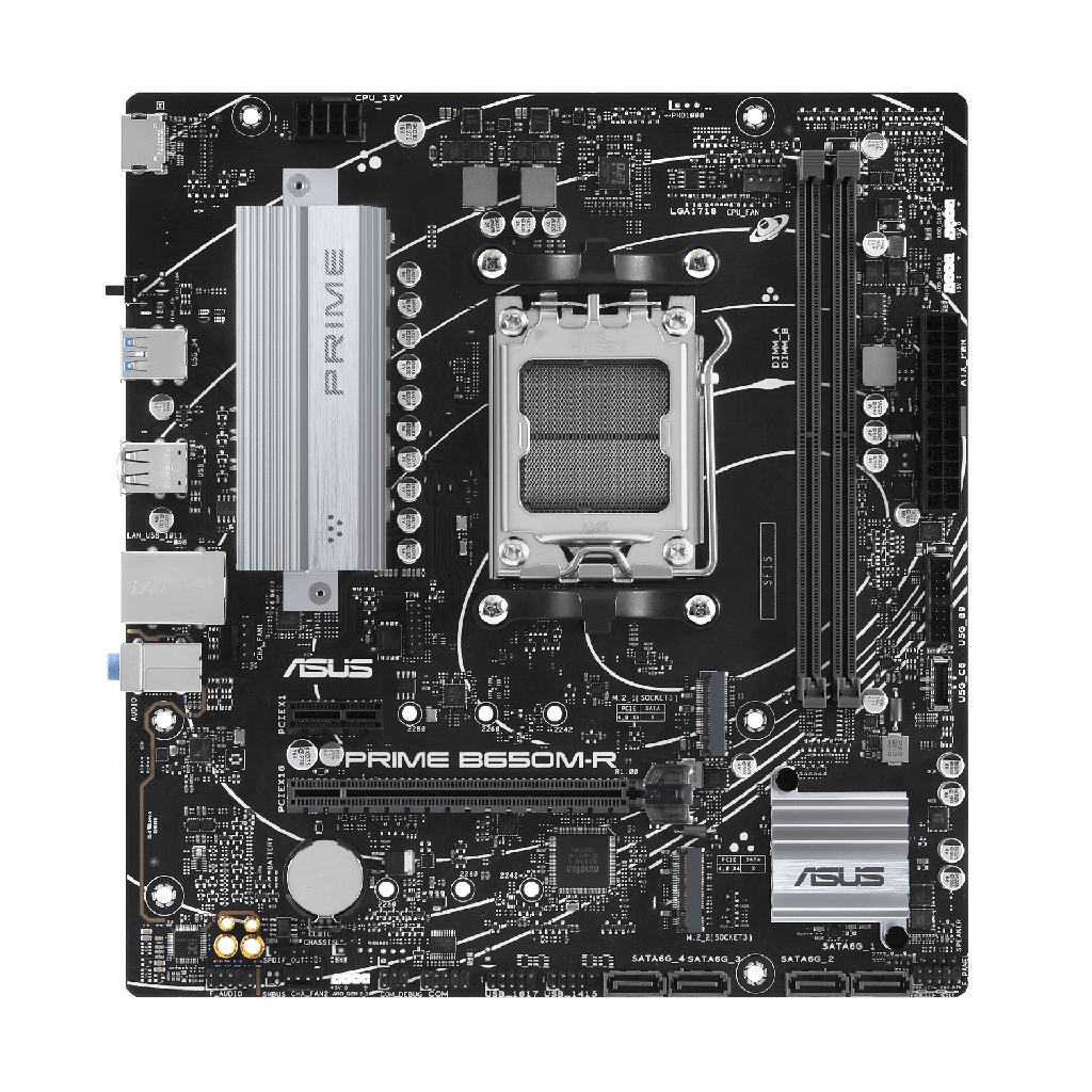 ASUS PRIME B650M-R AM5 Micro-ATX Motherboard, AMD B650 Chipset, 2x DDR5 DIMM Slots up to 96GB, PCIe 4.0 x16 Slot, 2x M.2 Storage Slots, Realtek 2.5Gb Ethernet, USB 3.2 and HDMI 90MB1H30-M0EAY0