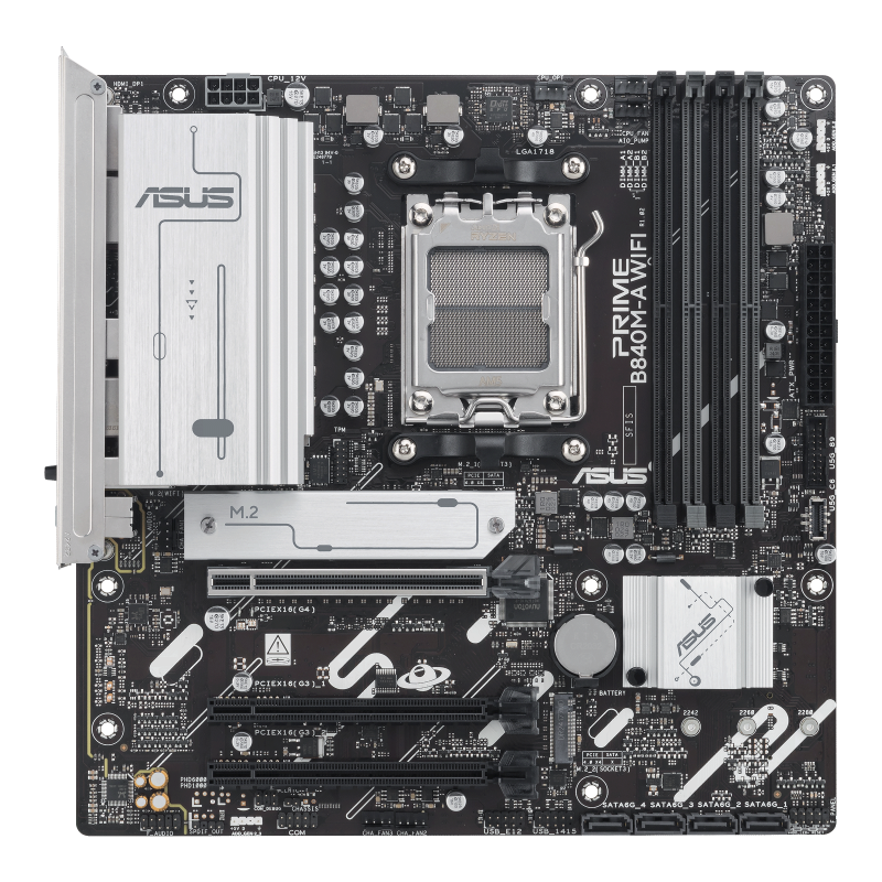 ASUS PRIME B840M-A WiFi AM5 Micro-ATX Motherboard, AMD B840 Chipset, 4x DDR5 DIMM up to 192GB, PCIe 4.0 x16 SafeSlot Core+, 3x M.2 Slots, Wi-Fi and Bluetooth Connectivity, Compact 90MB1J20-M0EAY0
