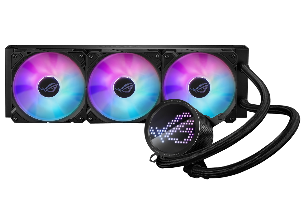 ASUS ROG Ryuo III 360 AIO Liquid CPU Cooler, 8th Gen Asetek Pump, Anime Matrix LED, Triple 120mm Fans 2200 RPM, Pump 2600 RPM, Supports Intel LGA 1700/1200/115X & AMD AM5/AM4, Black 90RC00I1-M0UAY0