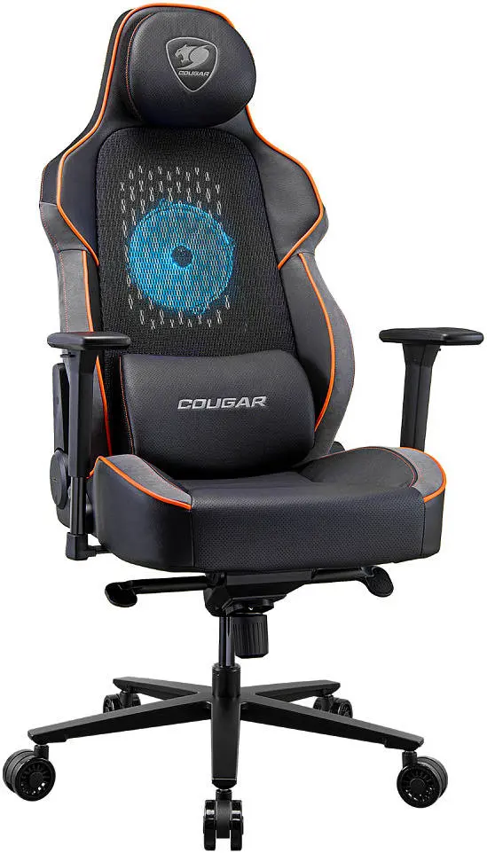 Cougar NxSys Aero Gaming Chair – Black & Orange, Built-In RGB Cooling Fan, Premium PVC Leather, 3D Armrests, Mesh Backrest, Steel Frame, 3” Wheels, Supports Up to 160kg | 3MARPORB.0001