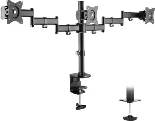 VEOTECH 91-LDT07C036 Triple Monitor Arm – fits 13''-27'' screens up to 8kg each, clamp & grommet mount, fully adjustable, 75x75 & 100x100 VESA, Black. 91-LDT07C036