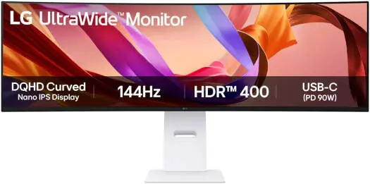 LG 49U950A-W UltraWide Curved Monitor – 49'' Dual QHD Nano IPS display, 144Hz refresh rate, HDR400, immersive wide view for multitasking & gaming, sleek White. 49U950A-W