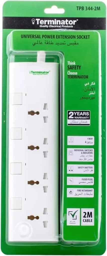 Terminator 4 Way Universal  Power Extension Socket With  Individual Switches, Indicators,  2M Cable and 13A Fused Plug.  Esma Approved