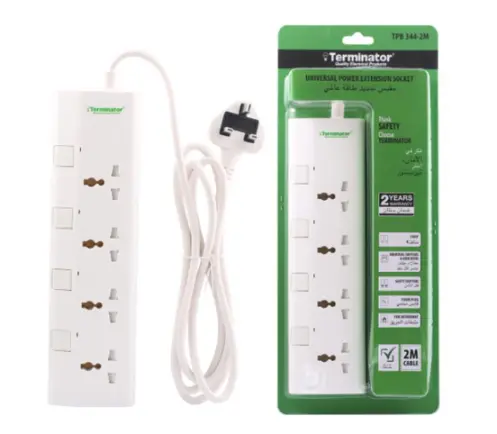 Terminator 4 Way Universal  Power Extension Socket With  Individual Switches, Indicators,  2M Cable and 13A Fused Plug.  Esma Approved