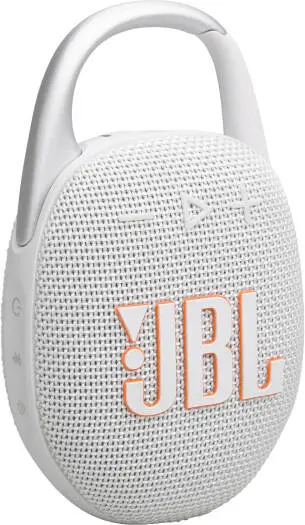 JBL Clip 5 Portable Speaker – JBL Pro Sound with 1.75'' driver & passive radiator, 12H playtime, IP67 waterproof, Auracast, wide carabiner clip for easy carry, White. JB.JBLCLIP5WHT