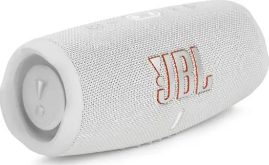 JBL Charge 5 Bluetooth Speaker – waterproof & dustproof outdoor design, 20-hour playtime, USB-C charging, pair two devices simultaneously, powerful sound, White. CHARGE5-WH