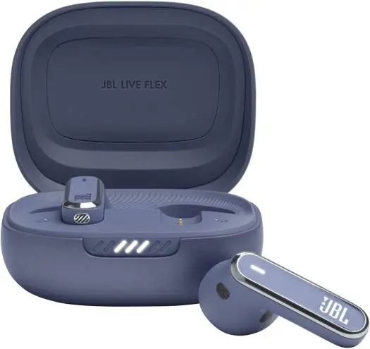 JBL Live Flex TWS Earbuds deliver Hi-Fi sound with Personi-Fi 2.0, 40H battery life, 6 beam-forming mics, Bluetooth 5.3, Spatial Sound, IP54 water resistance, sleek blue finish. JBLLIVEFLEXBLU
