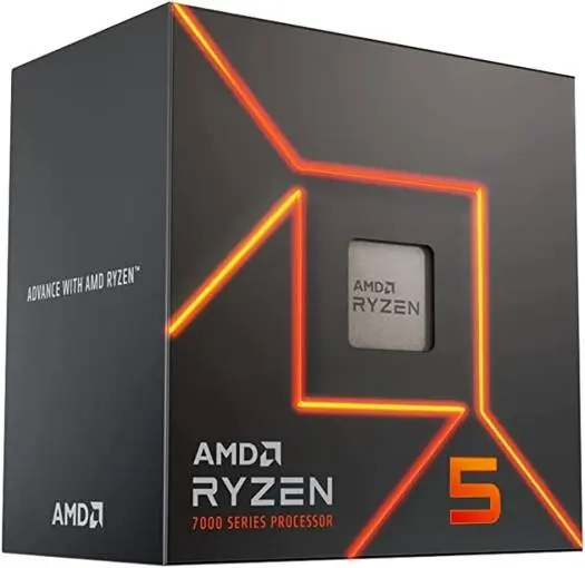 AMD Ryzen 5 7600 AM5 Gaming Processor, 6 cores, 12 threads, up to 5.1GHz boost clock, Radeon graphics, 6MB L2 + 32MB L3 cache, DDR5-5200, with Wraith Stealth cooler. 100-100001015BOX