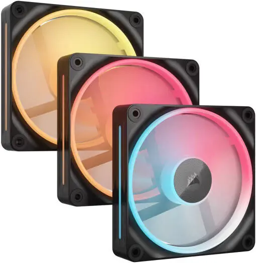 Corsair iCUE LINK LX120-R RGB 120mm Reverse Fans with 2400 RPM speed, 70 CFM airflow, and quiet 35.1 dBA performance — triple pack for optimal cooling. CO-9051050-WW