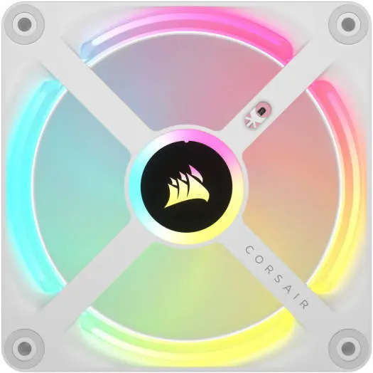 Corsair CO-9051005-WW iCUE LINK QX120 Custom RGB 120mm PWM Fan Starter Kit with LINK System Hub, 2400 RPM speed, 63.1 CFM airflow, and Zero RPM mode for silent cooling.