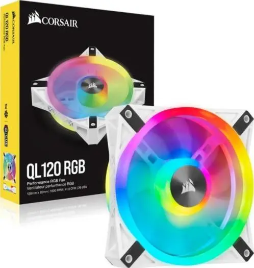 CORSAIR iCUE QL120 RGB 120mm Fan with brilliant RGB lighting and stunning white design — perfect balance of airflow and aesthetics. CO-9050103-WW