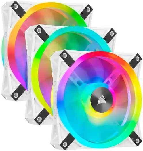 Corsair iCUE QL120 RGB 120mm PWM Fans with hydraulic bearings, 1500 RPM speed, 41.8 CFM airflow, and Lighting Node CORE — triple white kit. CO-9050104-WW