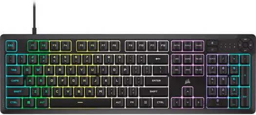 Corsair K55 Core RGB Gaming Keyboard with rubber dome switches, 6 macro keys, 12-key rollover, and dynamic RGB lighting. CH-9226C65-NA