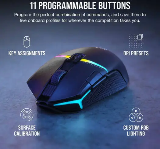 Corsair Nightsabre Wireless RGB Gaming Mouse with MARKSMAN 26K sensor, 26,000 DPI, ultra-fast Slipstream 2.4GHz tech, and braided cable. CH-931B011-EU