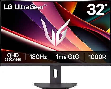 LG 32" UltraGear 32G600A-B QHD Curved Gaming Monitor, 2560×1440 Resolution, 180Hz Refresh Rate, 1ms Response Time, AMD FreeSync, HDMI & DisplayPort Connectivity, Tilt/Height/Swivel Adjustable Stand, Black