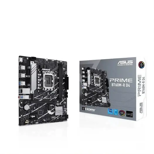 ASUS PRIME B760M-R D4 LGA1700 mATX motherboard with DDR4 support up to 64GB, PCIe 4.0 x16, 2x M.2 slots, and Realtek 2.5Gb Ethernet 90MB1HA0-M0EAY0