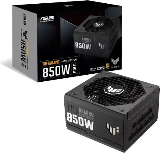 ASUS TUF Gaming 850W 80+ Gold fully modular PSU with ATX 3.0 support, military-grade components, dual ball bearing axial-tech fan, and protective PCB coating 90YE00S2-B0NA00