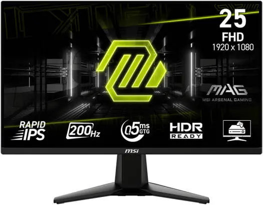 MSI MAG 255F E20 25" Rapid IPS Gaming Monitor with 200Hz refresh, 0.5ms GtG, and FreeSync Premium for ultra-smooth gameplay. 9S6-3BC21M-051