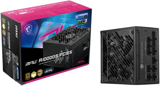 MSI MPG A1000GS 1000W PSU with 80+ Gold efficiency, fully modular design, PCIe 5.0 support, 135mm FDB fan, and Zero Fan Mode. 306-7ZPFY18-CE0