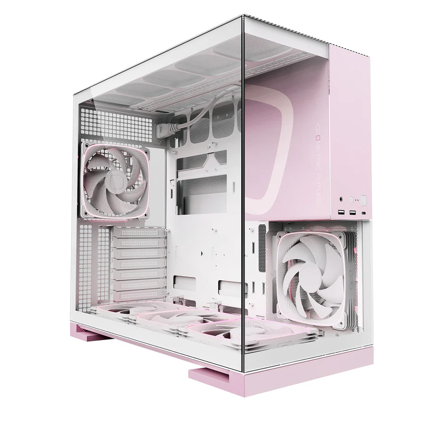 Geometric Future Model 5F Glass case delivers a stylish white-pink design, tempered glass panel, and optimized airflow for modern gaming setups. GEO-M5F-WPK