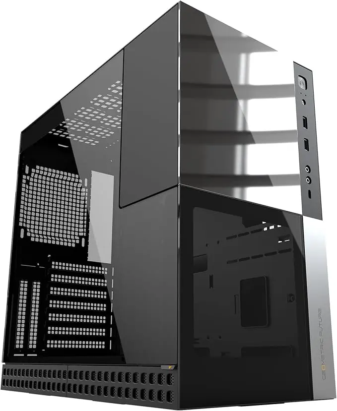Geometric Future M4 Caliburn case features a vertical air-tunnel design, sturdy 1.2mm steel build, tempered glass, Type-C I/O, radiator support, and vertical GPU mounting. GEO-M4-CAL