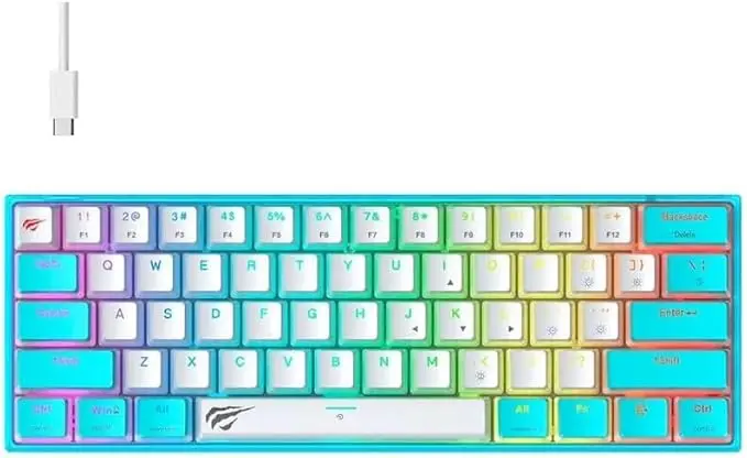Havit KB877L membrane gaming keyboard features 61 keys, RGB backlighting, multimedia controls, and a USB-C wired design in a stylish blue and white layout. KB877L