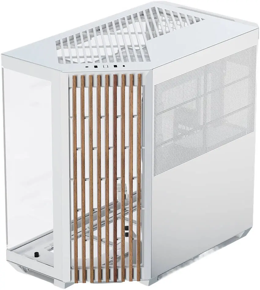 APCM V1-W-WT-V1 Glass Edition offers a clean white design with a wood front panel, dual USB 3.0, and Type-C I/O for modern, stylish PC builds. APCM-V101103.21