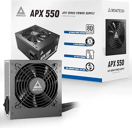 Montech APX 550W PSU offers 80 Plus White efficiency, stable DC-to-DC design, flat cables for improved airflow, and a quiet 120mm fan with a 5-year warranty. APX 550W