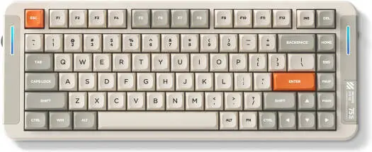 MCHOSE X75 V2 Retro White 75% keyboard features Hyacinth switches, gasket mounting, hot-swap support, RGB wraparound lighting, tri-mode connectivity, and an 8000mAh battery with PBT keycaps. MC-X75V2-8