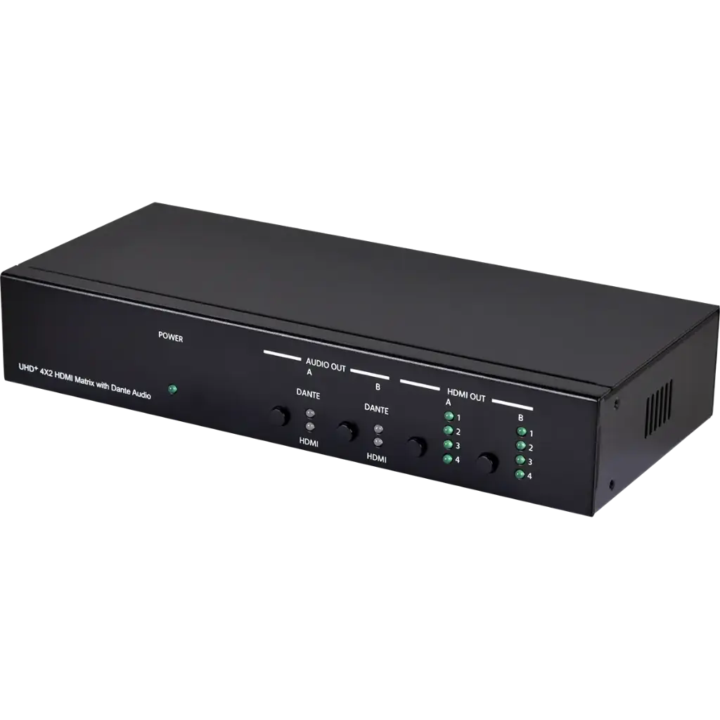 [CPLUS-V4H2HP-DT] CPLUS-V4H2HP-DT UHD+ 4×2 HDMI Matrix with Dante bridges HDMI and Dante audio with zero-latency, uncompressed performance, flexible routing, and pro network control for AV systems. CPLUS-V4H2HP-DT
