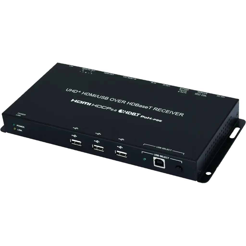 CH-2606RX UHD+ HDBaseT to HDMI Receiver delivers 4K@60 over up to 100m with USB extension, PoH, CEC bypass, and bi-directional control—ideal for clean, long-distance AV installs. CH-2606RX