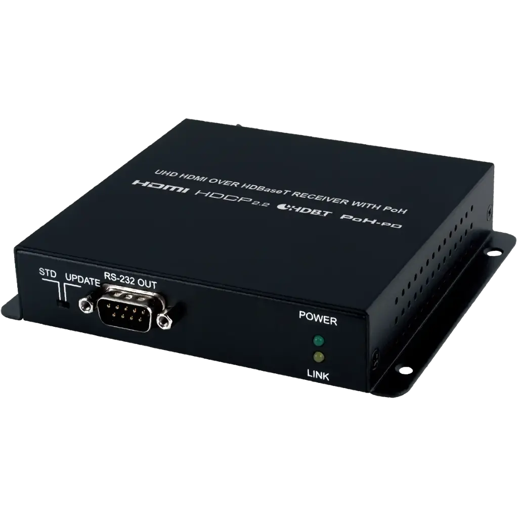 CH-1527RXPL UHD HDBaseT Receiver delivers clean 4K@60 HDMI with PoH, IR/RS-232 control, rich audio pass-through, and long-distance transmission—ideal for professional AV installs. CH-1527RXPL