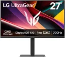 LG 27 Inch UltraGear™ G6 QHD Gaming Monitor, 200Hz, 1ms, HDR 400, AMD FreeSync Premium, Black Stabilizer, Smart Energy Saving, HDMI 2.1x2, DisplayPort 1.4 x1, Tilit/Height/Swivel/Pivot Black