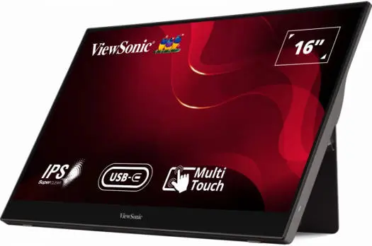 ViewSonic TD1655 portable 16" Full HD touch monitor with USB-C and Mini HDMI delivers smooth 60Hz visuals, responsive touch control, and easy connectivity—perfect for work on the go. TD1655