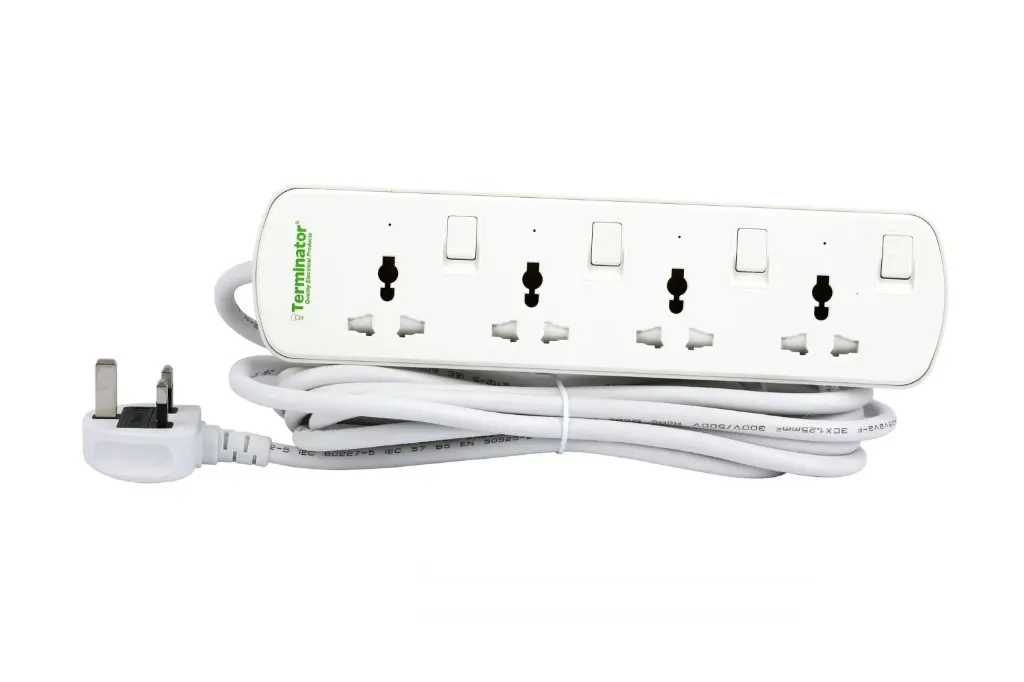 Terminator 4-way universal power extension socket with individual switches, LED indicators, 1.25mm² 10M cable, and 13A fused moulded plug