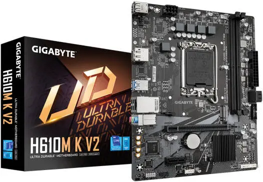 GIGABYTE H610M-K-V2 H610M K V2 LGA1700 mATX motherboard with Intel H610 chipset, DDR5 up to 128GB, PCIe x16, M.2 storage, HiFi audio, USB 3.2 Gen1, HDMI and DisplayPort—ideal for compact Intel builds.