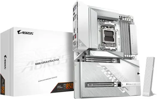 GIGABYTE B850 AORUS STEALTH ICE AM5 ATX motherboard with AMD B850 chipset, DDR5 up to 256GB, PCIe 5.0 x16, four M.2 slots, Wi-Fi 7 and Bluetooth 5.4—clean white design for next-gen Ryzen builds. B850-A-STEALTH-ICE