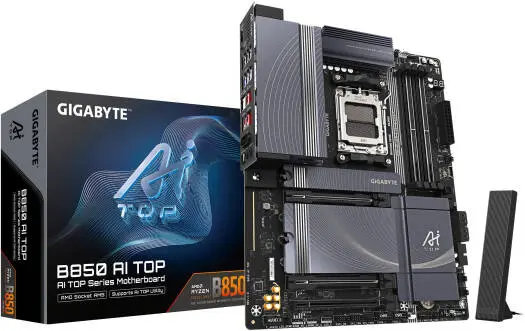 GIGABYTE B850 AI TOP AM5 ATX motherboard with AMD B850 chipset, DDR5 up to 256GB, dual PCIe 5.0 x16 slots, triple M.2 storage, and Wi-Fi with Bluetooth—built for high-performance AI and Ryzen systems. B850-AI-TOP