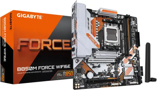 GIGABYTE B850M FORCE WIFI6E AM5 micro-ATX motherboard with AMD B850 chipset, DDR5 up to 256GB, PCIe 5.0 x16, triple M.2 slots, Wi-Fi 6E and Bluetooth 5.3—powerful connectivity for compact Ryzen builds. B850M-FORCE-WF6E