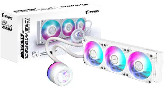 GIGABYTE AORUS-WATERFORCEX-II-360I AORUS WATERFORCE X II 360 ICE AIO liquid cooler with 360mm radiator, ACustom RGB fans, rotatable water block, and wide Intel/AMD support—clean white design with powerful cooling.