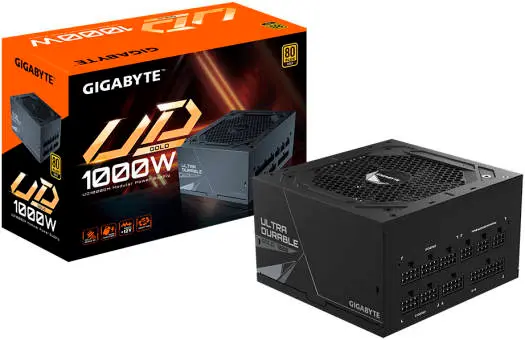 GIGABYTE UD1000GM PG5 1000W fully modular power supply with 80+ Gold efficiency, PCIe 5.0 GPU support, premium Japanese capacitors, and a quiet 120mm HYB fan—stable power for high-performance PCs. GP-UD1000GM-PG5