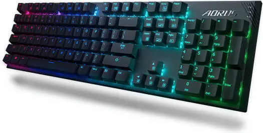 GIGABYTE AORUS K1 mechanical gaming keyboard with Cherry MX switches, full anti-ghosting, customizable RGB lighting, and programmable keys—precise, durable control for competitive gaming. AORUS-K1