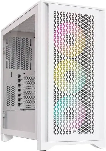 CORSAIR iCUE 4000D RGB AIRFLOW V2 mid-tower PC case with high-airflow design, tempered glass, three AF120 RGB ELITE fans, 360mm radiator support, and RapidRoute cable management—clean white performance. CC-9011241-WW