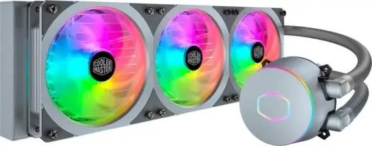 COOLER MASTER MasterLiquid ML360P Silver Edition AIO liquid CPU cooler with 360mm radiator and addressable RGB lighting—powerful closed-loop cooling for Intel and AMD Threadripper systems. MLY-D36M-A18PA-R1