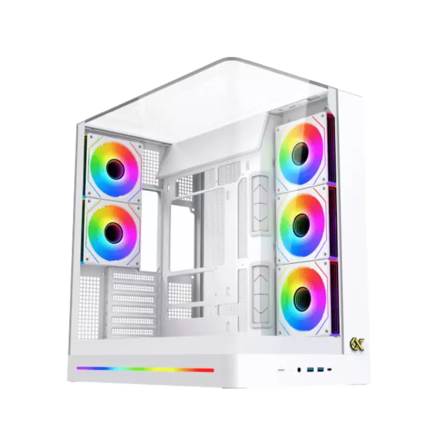 XIGMATEK Pano II ARCTIC E-ATX mid-tower case with curved tempered glass, eight ARGB fans including reverse airflow, vertical GPU support, USB-C, and 360mm radiator compatibility—premium white showcase for high-end builds. EN48425