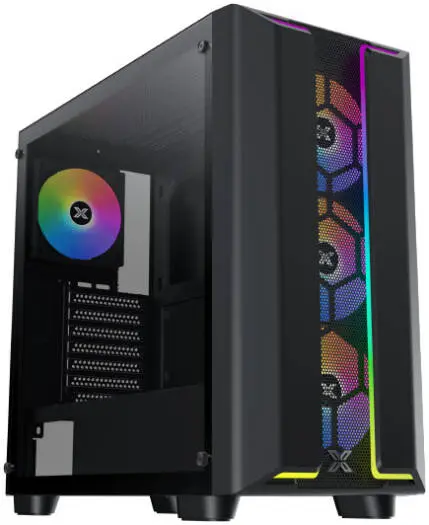 XIGMATEK Gaming Y Pro E-ATX PC case with mesh front panel, four pre-installed S20A Arctic fans, 360mm radiator support, and seven expansion slots—high airflow and bold black design for gaming builds. EN42256