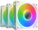 XIGMATEK Starz Pro Arctic ARGB 120mm fan kit with three fans, 1500RPM speed, 47.6 CFM airflow, hydro bearings, and motherboard ARGB sync—clean white cooling with smooth lighting. EN42102