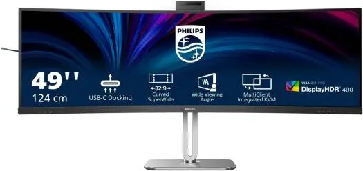 Philips 49B2U5900CH - 49 Inch QHD Curved Monitor, 75Hz, VA, 4ms, HDR400, KVM, WebCam, Height Adjust, USB-C Docking, Speakers (5120 x 1440, HDMI 2.0 / DP 1.4 / USB-C 100w)